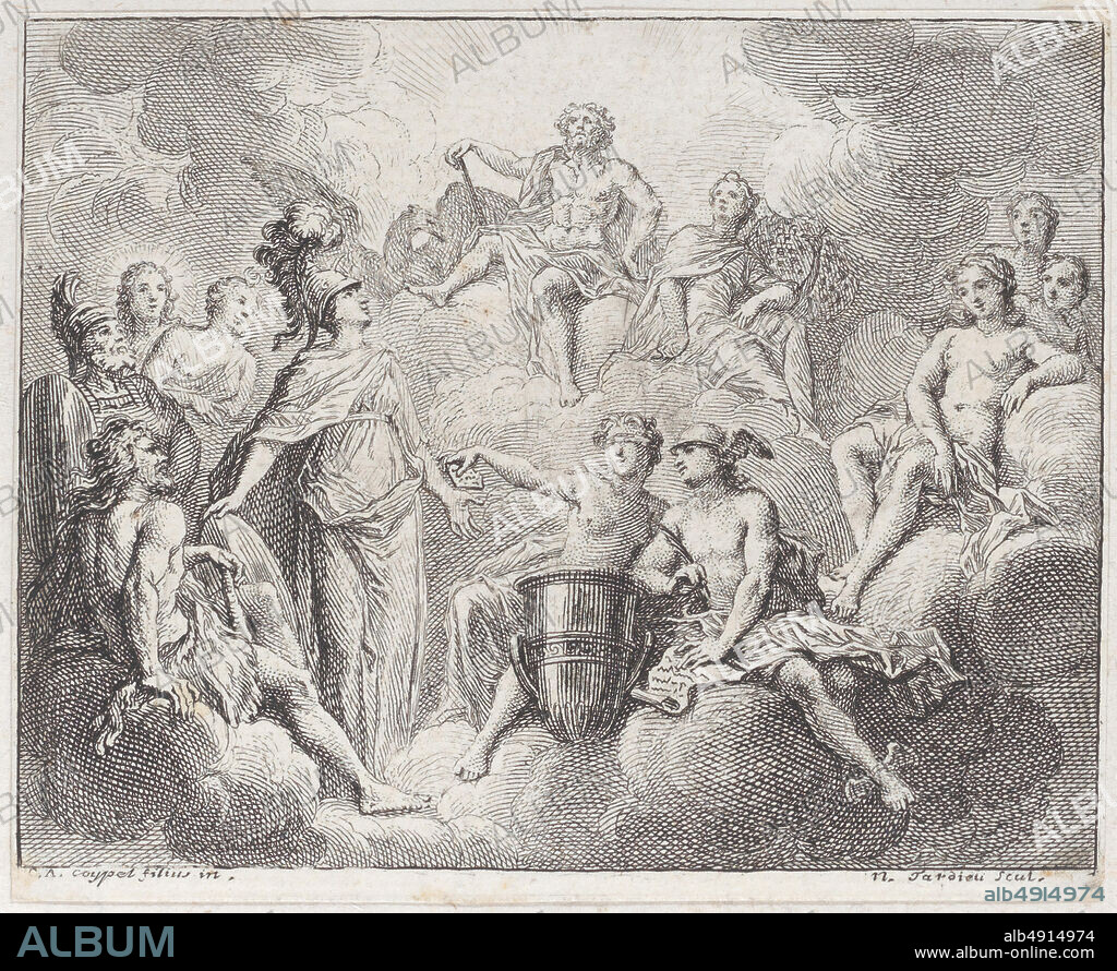 Nicolas Henry Tardieu, Book 1, Fable 13: the lottery of Jupiter (La lotterie de Jupiter), Fables Nouvelles, Nicolas Henry Tardieu (French, Paris 16741749 Paris), After Charles Antoine Coypel (French, Paris 16941752 Paris), Jean de La Fontaine (French, Château-Thierry 16211695 Paris), Lamotte-Houdar (French, 16721731), 1719, Etching and engraving, Sheet (Trimmed): 3 1/8 × 3 7/8 in. (8 × 9.8 cm), Prints.