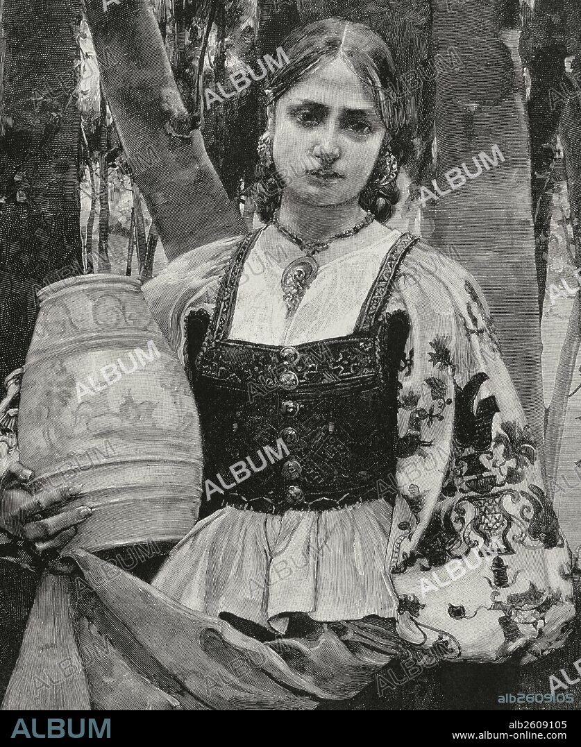 SOCIEDAD ESPAÑOLA. SIGLO XIX. ASTURIAS. "CARMINA", joven asturiana. Grabado por Rico. "La Ilustración Española y Americana", año 1889.