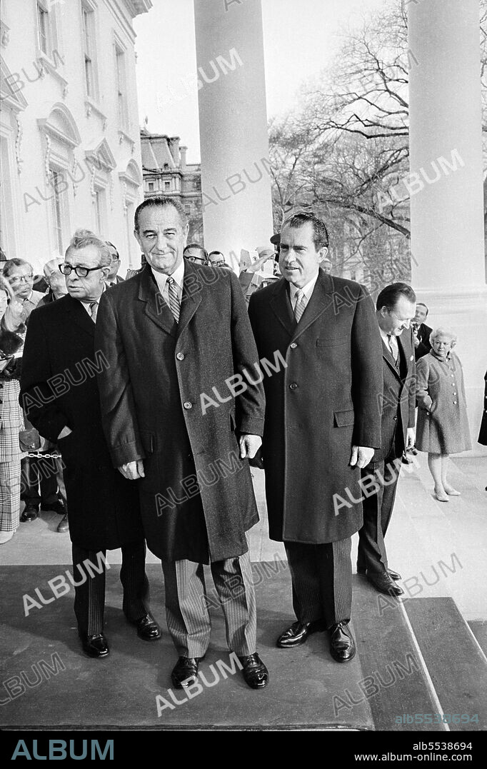 U.S. President Lyndon Johnson with U.S. President-Elect Richard Nixon at White House prior to Presidential Inauguration Ceremony, Washington, D.C., USA, Warren K. Leffler, US News & World Report Magazine Collection, January 20, 1969.