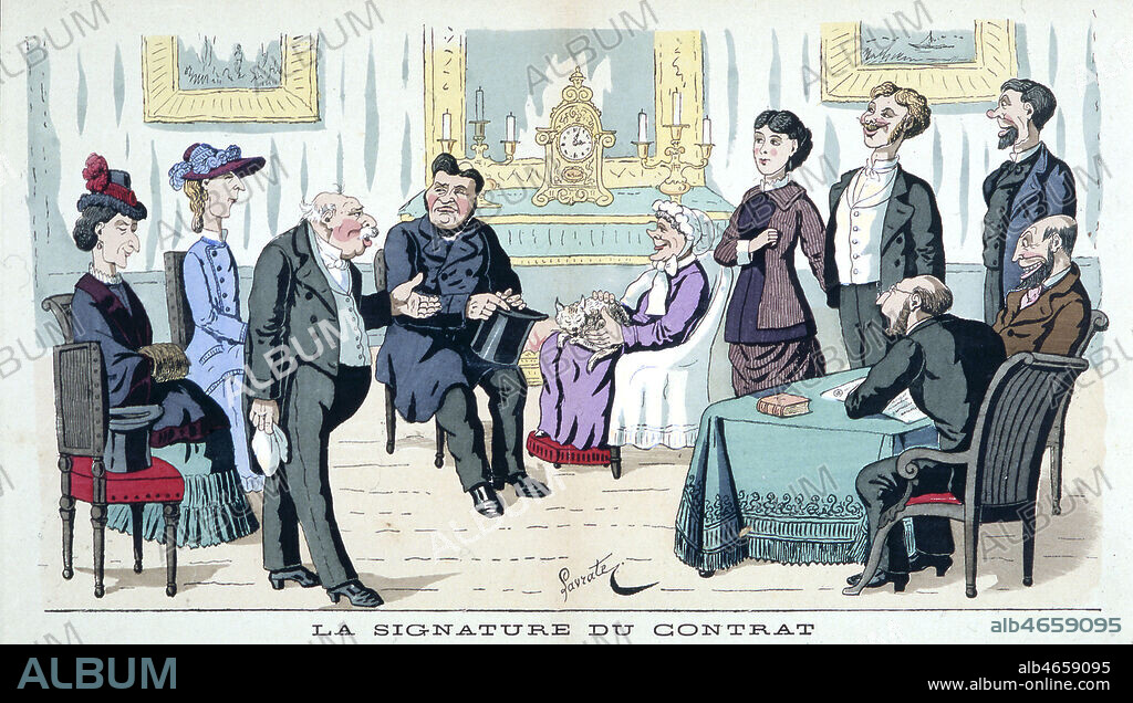 'Chez le notaire, signature du contrat de mariage. ' Illustration Lavrate in Le Monde Plaisant, octobre 1882. Credit Collection Kharbine Tapabor.
