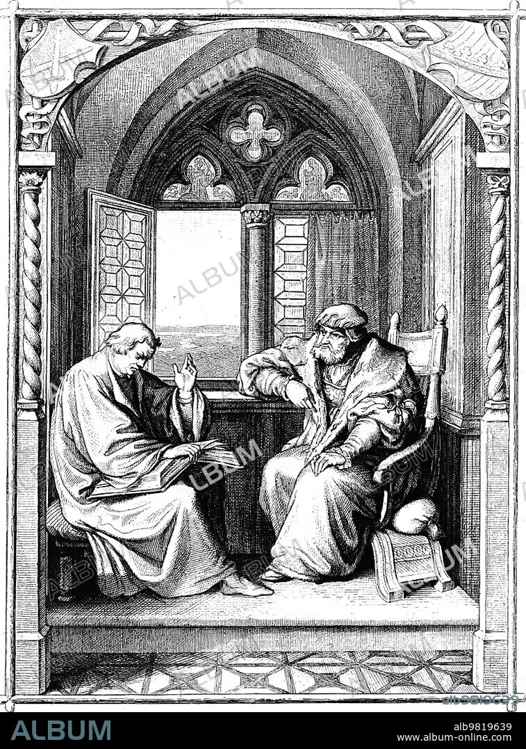 Martin Luther reads from the Bible to the Elector of Saxony, John the Steadfast, castle, interior, sitting, window open, protentatism, religion, Christianity, year 1530, 16th century, historical illustration around 1860