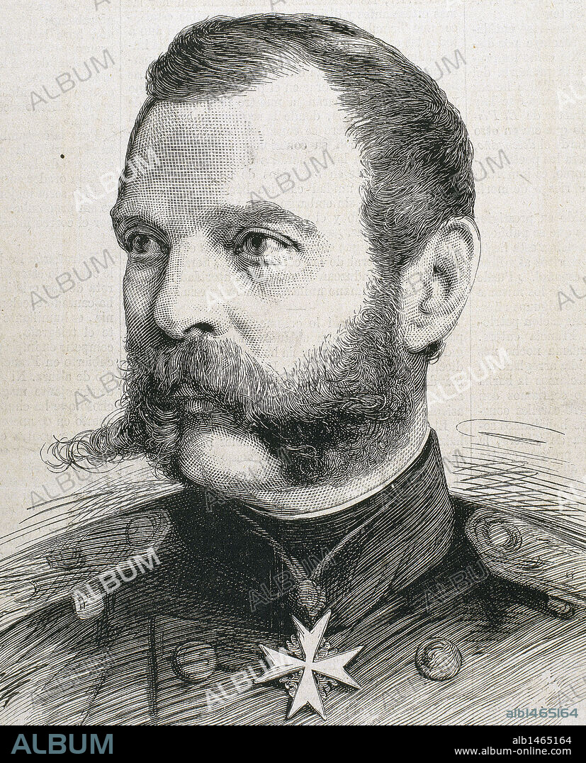 ALEJANDRO II DE RUSIA (Moscú,1818-San Petersburgo 1881). Zar de Rusia (1855-1881), hijo de Nicolás I. Al ser derrotada Rusia en la guerra de Crimea, inició un programa de reformas para modernizar su país. Sufrió diversos atentados y en 1881, en San Petersburgo, fue asesinado con una bomba. Grabado. La Ilustración Española y Americana, 1876.