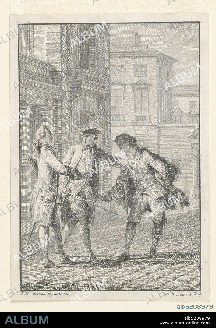 L'Etourdi (The Blunderer), Oeuvres de Molière (Works of Molière), Vol. I, Jean Baptiste Blaise Simonet, French, 17421813, Jean-Michel Moreau le Jeune, (French, 17411814), Etching on white paper, Illustration for M. Bret, L'Etourdi (The Blunderer), Oeuvres de Molière (Works of Molière), Vol. I, p. 91. On a cobblestone street three men (Lélie, Mascarille, Lelandre) start an argument. The man on the right pulls the coat of the center man to gain attention. The arms of the other men are outstretched, and their other hands hold swords. Buildings appear in the background., France, 1773, figures, Print, Print.