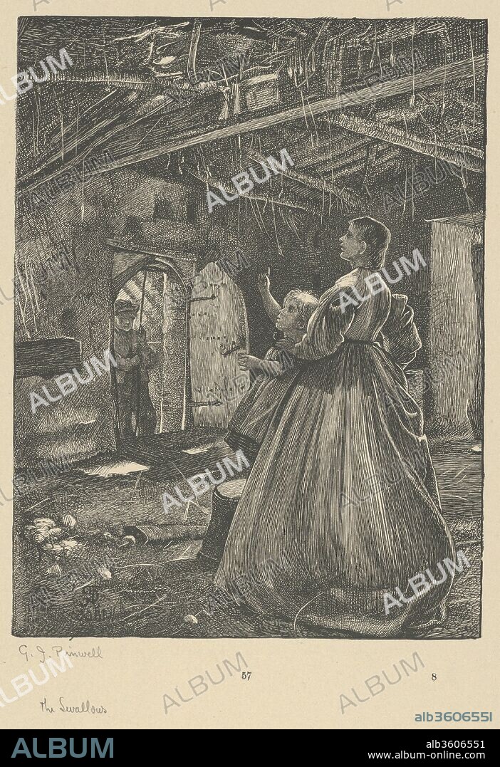 The Swallows (from Wayside Posies: Original Poems of the Country Life). Artist: After George John Pinwell (British, London 1842-1875 London). Dimensions: Image: 6 7/16 × 4 15/16 in. (16.4 × 12.5 cm)
Sheet: 9 1/2 × 7 5/8 in. (24.2 × 19.4 cm). Engraver: Dalziel Brothers (British, active 1839-1893). Publisher: George Routledge & Sons (London). Date: 1867.
A woman and young girl stand inside a barn, the child pointing up towards the rafters.Outside an open door, a boy holds a rope. The wood engraving was made for a book edited by Robert Buchanan, with original illustrations by G. J. Pinwell, J. W. North, and Frederick Walker, engraved by the Brothers Dalziel, and published by Routledge as a Fine Art gift book.