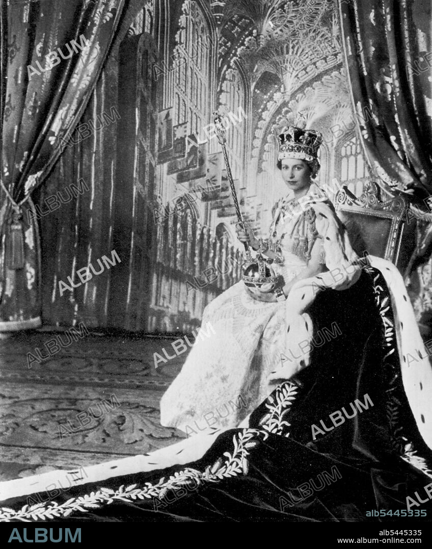 Regal Bearing -- Queen Elizabeth II, attired in her coronation dress and purple velvet robe, poses in Throne Room of Buckingham Palace after her coronation June 2. On her head is the Imperial Crown which she will wear on state occasions. In her left hand she hold the Orb, emblem of sovereign power and in her right hand the Scepter with Cross, ensign of kingly power and justice. On her wrists she wears the armills, or bracelets of sincerity. The backdrop for this photo by Cecil Beaton represents Henry VII Chapel in Westminster Abbey. June 09, 1953. (Photo by AP Wirephoto).