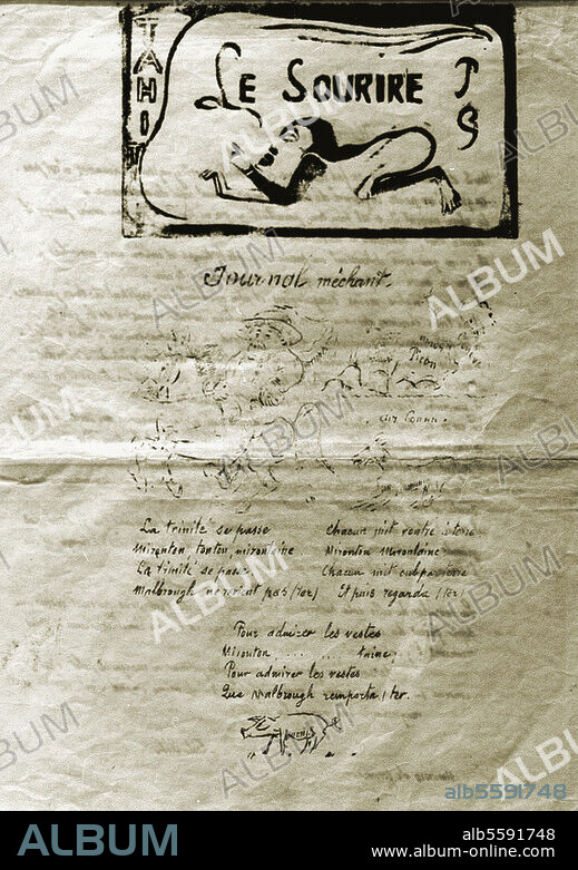 Gauguin, Paul franz. Maler u. Grafiker; 1848-1903. "Le Sourire", Zeitschrift, 1899-1900 von Gauguin in Tahiti herausgegeben: Titelblatt. Holzschnitt, von Paul Gauguin 1900 in Tahiti gedruckt; 9,7 × 16,5 cm. Galerie Kornfeld, Bern.
