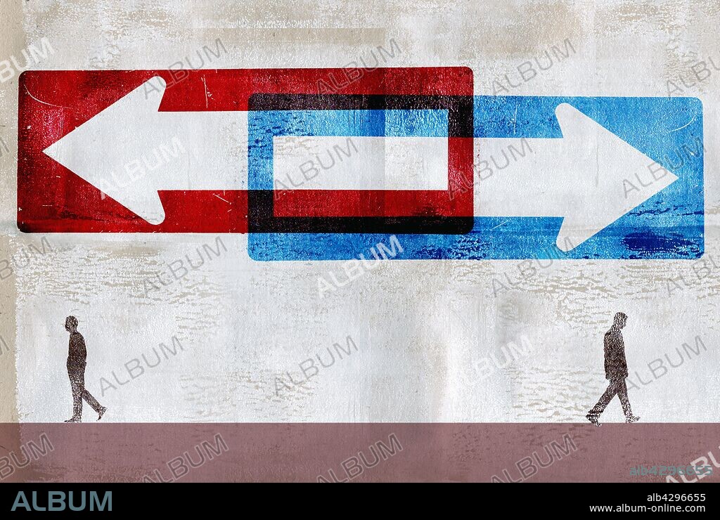 Two men following red and blue arrows pointing in opposite directions.
