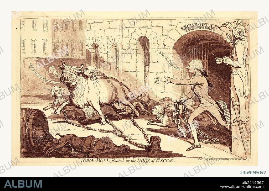 John Bull, baited by the dogs of excise, en sanguine engraving 1790, British satire on efforts by William Pitt, George Rose, and some members of Parliament to impose new Excise duties on tobacco (cf. Tobacco Excise Bill). The additional tax burden on British citizens is implied by the image of a bull, muzzled and blindfolded, with legs chained to a stump, being harassed by dogs (depicted with heads of members of Parliament). Edward Thurlow, also shown as a dog, registers his opposition to these New Excise Fetters for John Bull by urinating on tobacco leaves. Among the members of Parliament depicted are: William Wyndam Grenville, Henry Dundas, Charles Lennox Richmond, Charles Jenkinson, Richard Pepper Arden, Sir Charles Pratt Camden, and possibly Francis Osborne Carmarthen.