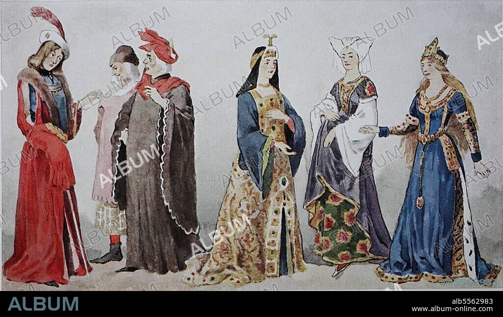 Kleidung, der ersten Hälfte des fünfzehnten Jahrhunderts, vornehme französische Gesellschaft, von lks, e vornehmer junger Mann, dann zwei ältere Herren, Damen ärmellosen Überwürfen und langen Ärmeln der Unterwäsche, Dame mit doppeltem Schleier und die Przess eem tief ausgeschnittenen, digital verbesserte Reproduktion eer Illustration aus dem 19. Jahrhundert, Mode in Frankreich.