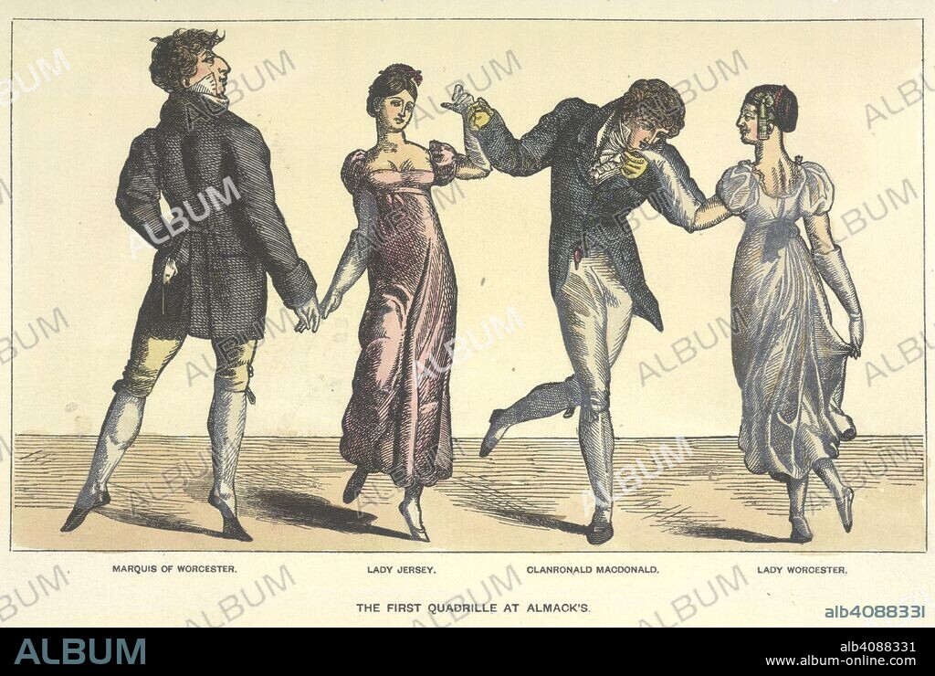 REES HOWELL GRONOW. The first quadrille at Almanack's. Those dancing are the Marquis of Worcester; Lay Jersey; Clanronald Macdonald and Lady Worcester. The Reminiscences and recollections of Captain Gronow 1810-1860. With illustrations, from contemporary sources, by J. Grego. J. C. Nimmo: London, 1889. Source: 2406.h.1 volume 1, opposite page 32. Language: English.