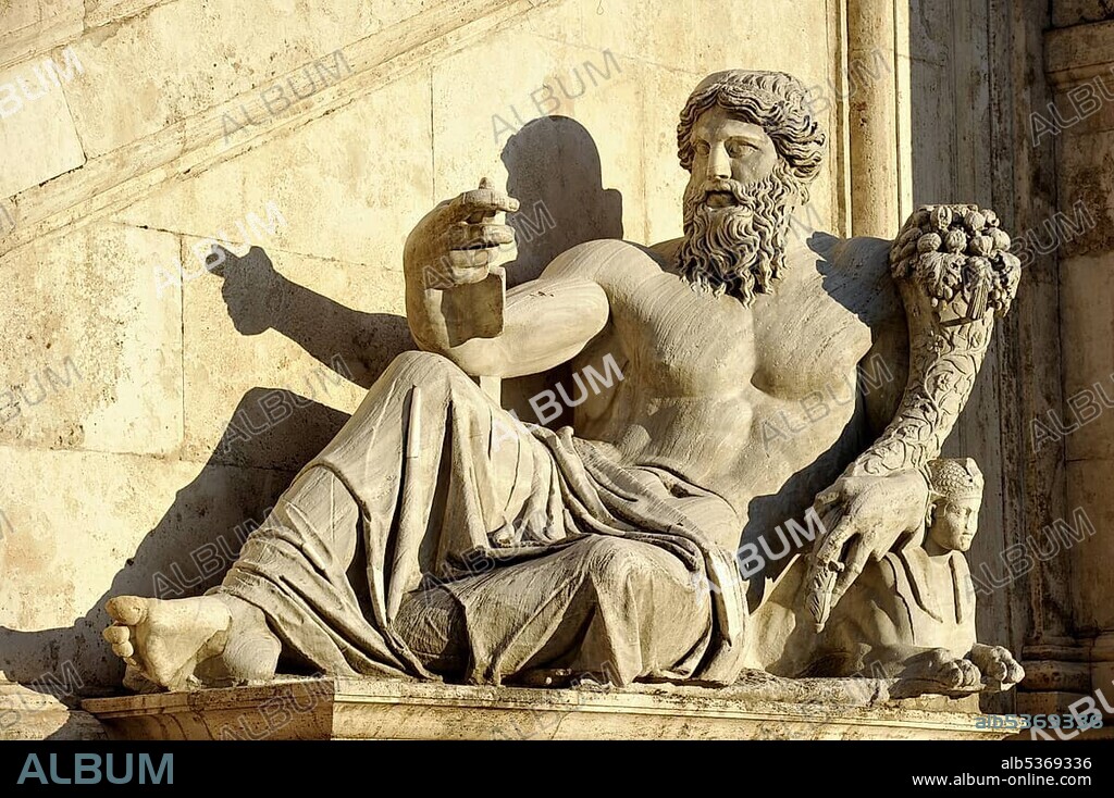 Statue of the Nile river god on Michelangelo's staircase on the Senatorial Palace, Capitol square, Piazza del Campidoglio, Capitoline Hill, Rome, Lazio, Italy, Europe