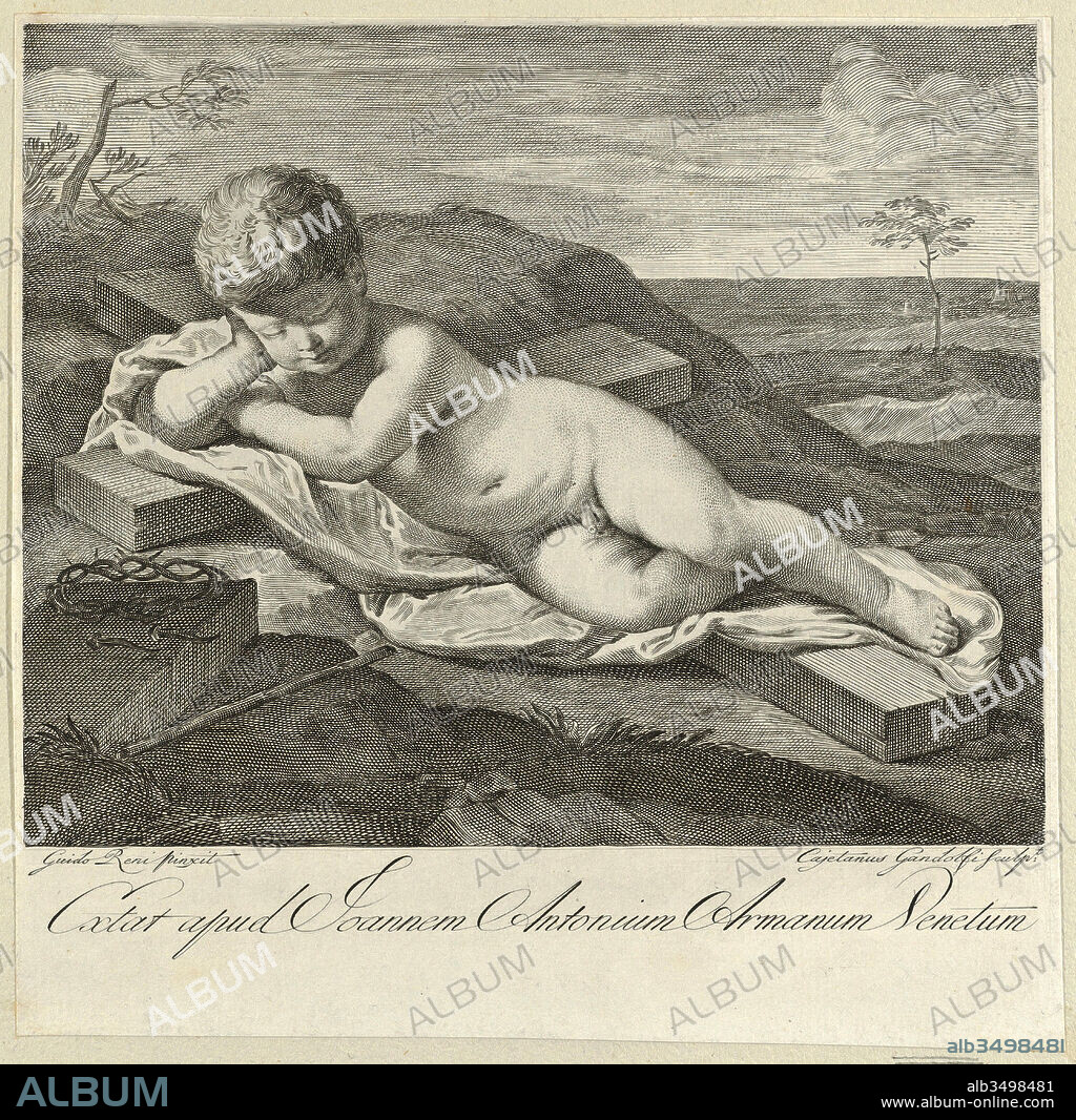 Drawings and Prints, Print, The Christ Child sleeping on a cross in a landscape, crown of thorns in the foreground, after Reni, Artist, After, Engraved by, Guido Reni, Gaetano Gandolfi, Italian, Bologna 1575–1642 Bologna, Italian, San Matteo della Decima 1734–1802 Bologna, Reni, Guido, Gandolfi, Gaetano, Italian, 1575, 1734.