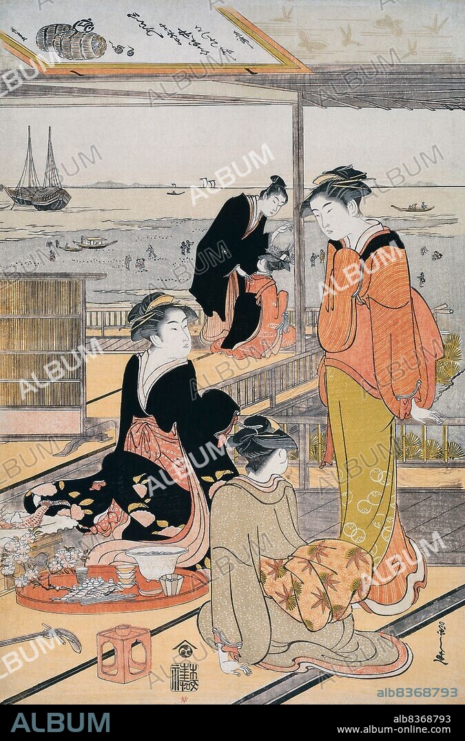 Chobunsai Eishi (1756-1829) was a Japanese <i>ukiyo-e</i> artist. Born Hosoda Tokitomi to a well-off samurai family from the prestigious Fujiwara clan, Eishi became family head when his father died in 1772, and from there he held a position in the palace of Shogun Tokugawa Ieharu.<br/><br/>. Eishi appeared to have studied art under Kano Michinobu of the Kano school, and he left the official service of the Shogun in 1784 to pursue his artistic talents, giving up his samurai rank. His earliest works were <i>nishki-e</i> prints of literary fare such as 'The Tale of Genji', but he soon went to specialise in <i>bijinga</i> portraits of women. Eishi also occasionally illustrated books of <i>shunga</i> erotica. He abandoned woodblock printing for painting sometime after 1801.