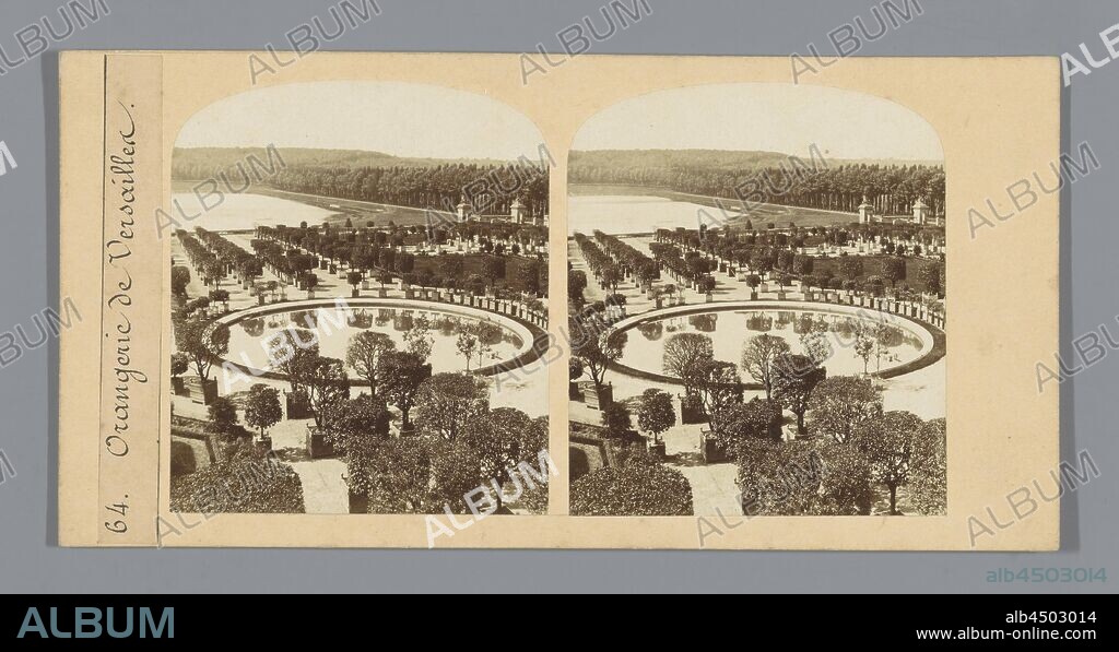 View of the Orangery of the Palace of Versailles, greenhouse, orangery, French or architectonic garden, formal garden, Garden of Versailles, Orangery, anonymous, Tuin van Versailles, c. 1850 - c. 1875, cardboard, photographic paper, h 85 mm × w 170 mm.