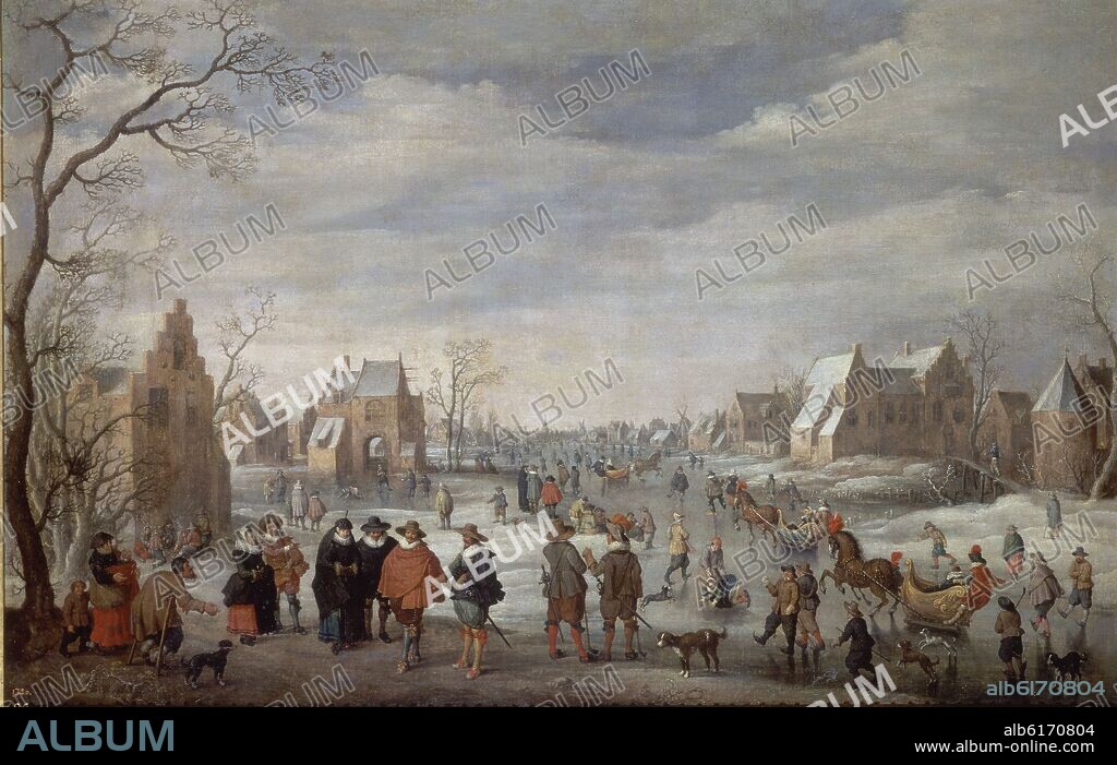 JOOST CORNELISZ DROOCHSLOOT. PAISAJE INVERNAL CON PATINADORES - 1629 - OLEO/LIENZO - 75 x 111 cm - NP 2079 - BARROCO HOLANDES.