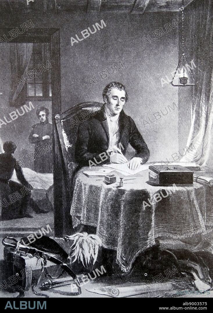 Arthur Wellesley, 1st Duke of Wellington drawing up his despatches after the Battle of Waterloo June 18, 1815. The Belgians, Dutch, Hanoverians and Prussians gave assistance to the British in this triumph and Wellington was not slow to recognise their services in his official despatches.