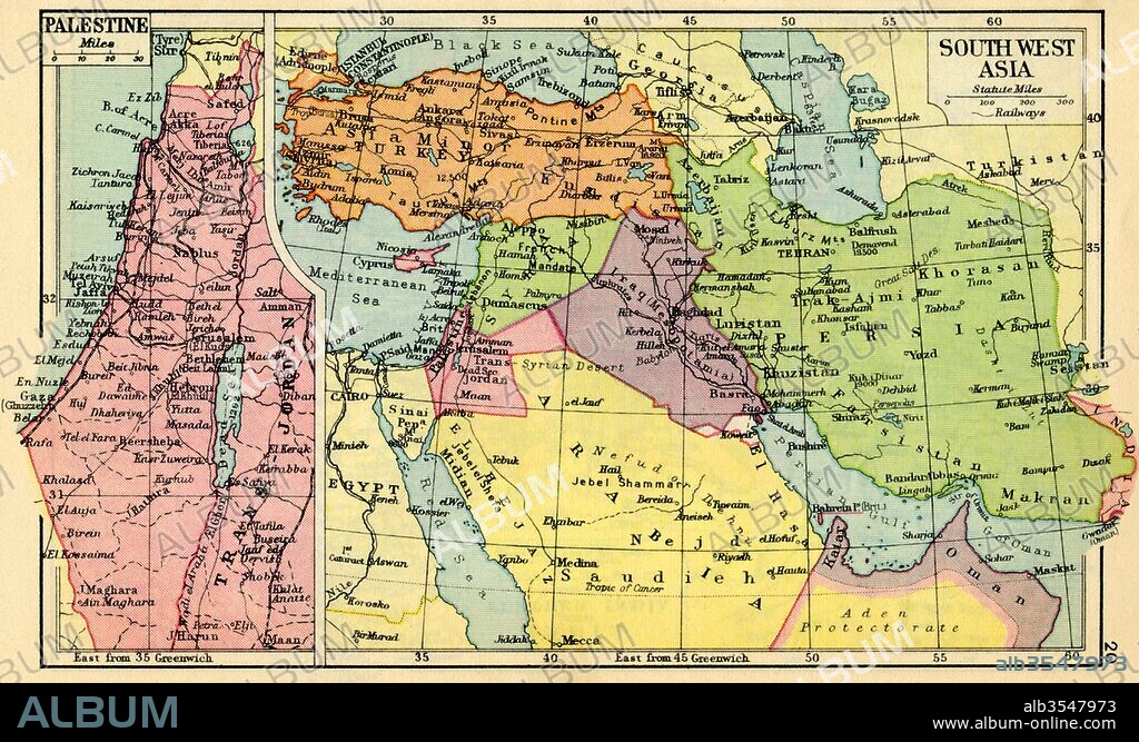 A 1930's map of Palestine, left and south west Asia, right.