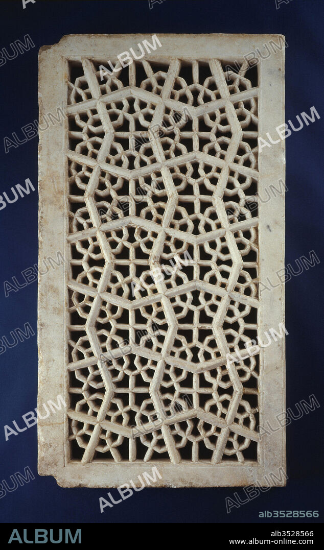 Pierced Window Screen (Jali), early 17th century, Attributed to India, Marble, H. 48 7/16 in. (123 cm), Stone, A screen for filtering light through a window, this panel is carved with two strikingly lively geometric designs, one set within the other.