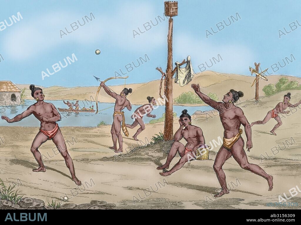 Indios americanos realizando difentes tipos de juegos. Grabado del año 1841. Coloreado.