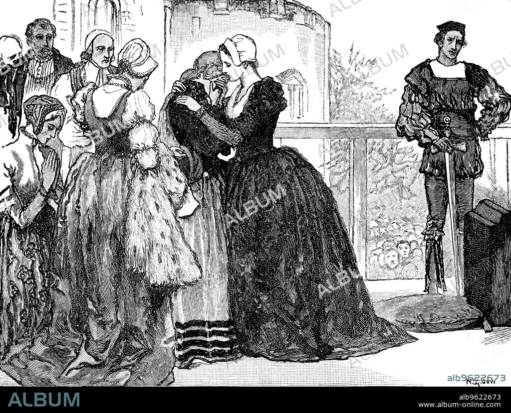The execution of Anne Boleyn, 1536. Henry VIII married Anne Boleyn in 1533 after divorcing his first wife, Catherine of Aragon. Anne provided Henry with a daughter, the future Elizabeth I, but she failed to provide the king with his cherished male heir. As a result Henry had Anne charged with high treason on grounds of adultery. Although the charges were almost certainly fabricated, she was found guilty and beheaded at the Tower of London on 19 May 1536. She is shown here taking leave of her ladies-in-waiting before her execution.