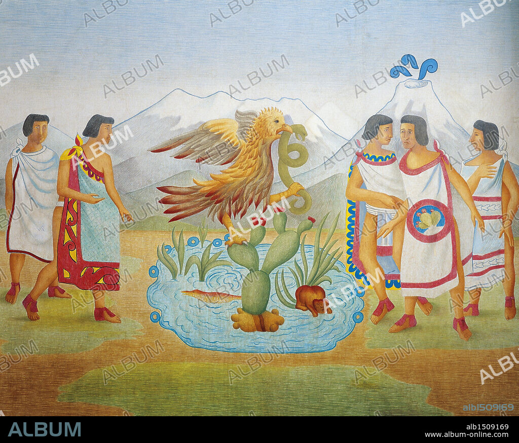 Mexico, 14th century - According to the prophecy, the Aztecs founded Tenochtitlan in 1325, in the place where an eagle devours a snake perched on a cactus.
