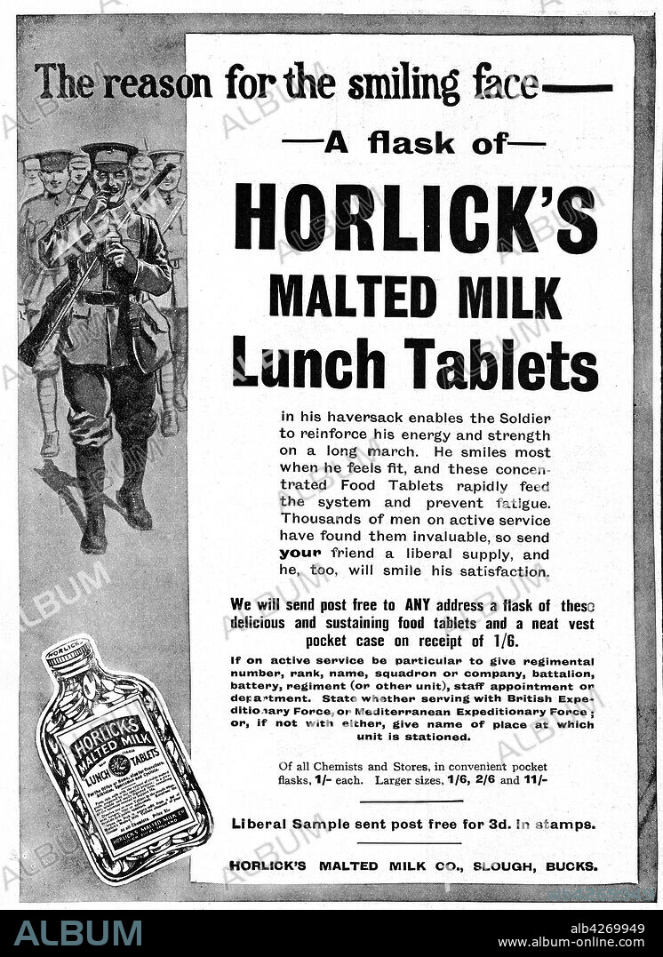 Advertising during the first World War in 1915. Horlick's Malted Milk. Lunch Tablets.