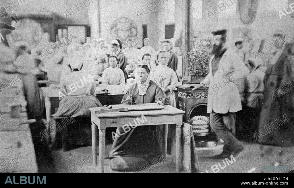 Women prisoners working, Pentonville Prison, London. They are engaged in making a mosaic for St Paul's Cathedral. Pentonville Prison was constructed in 1840-1842.