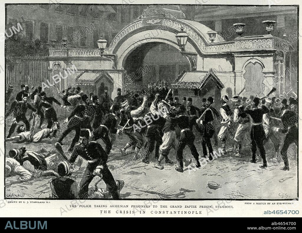 La crise a Constantinople, la police emmene des prisonniers armeniens a la prison du Grand Zaptie a Istanbul. Gravure in The Graphic, octobre 1895. Credit Collection Kharbine Tapabor.