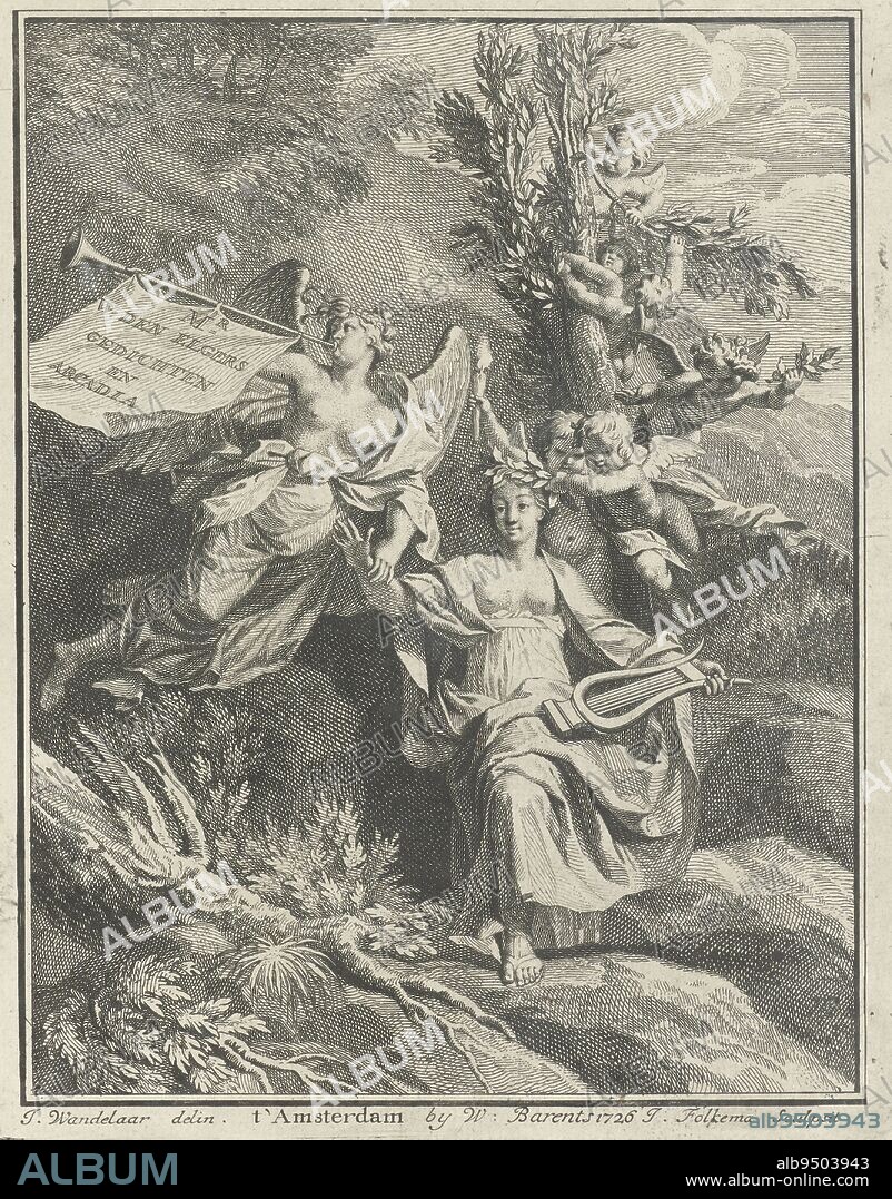 Erato, the Muse of lyricism and love poetry, sits with a lyre on her lap and is lauded by two putti Beside her, an angel blows the trumpet In the background, putti pull laurel branches from a tree to fill Erato's wreath with, Erato being lauded Title page for: W den Elger, Poems and Rotterdamsche arcadia, 1726, print maker: Jacob Folkema, (mentioned on object), intermediary draughtsman: Jan Wandelaar, (mentioned on object), publisher: Willem Barents, (mentioned on object), 1726, paper, etching, h 170 mm × w 135 mm.