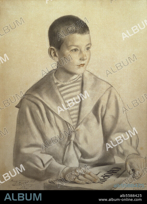 BORIS KUSTODIJEW. Shostakovich, Dimitri; Russian composer. St. Petersburg 25.9.1906 - Moscow. 9.8.1975. Portrait of Dimitri Shostakovich as a child. Drawing, 1919, by Boris Michailovich Kustodiev (1878-1927). Shostakovich Memorial.