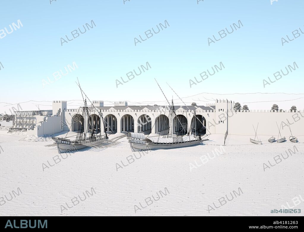 Reales atarazanas de Barcelona, S.XVI EC. Reconstrucción de las Reales Atarazanas donde se construían, reparaban y resguardaban, en invierno, las galeras de guerra de la armada. Se muestra el momento de la construcción de una tercera linea de nave para resguardar más barcos junto a las obras de fortificación del área suroeste donde se construye un baluarte para reforzar la muralla. Vista de la fachada marítima en blanco y negro delineado.
