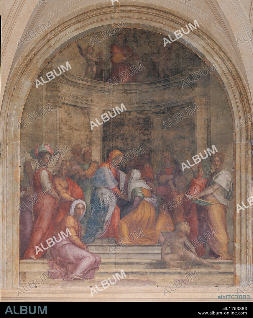 Visitation, by Jacopo Carrucci know as Pontormo, 1516 about, 16th Century, fresco,. Italy, Tuscany, Florence, Santissima Annunziata Church. All. Madonna St Anne visitation orange purple step niche.