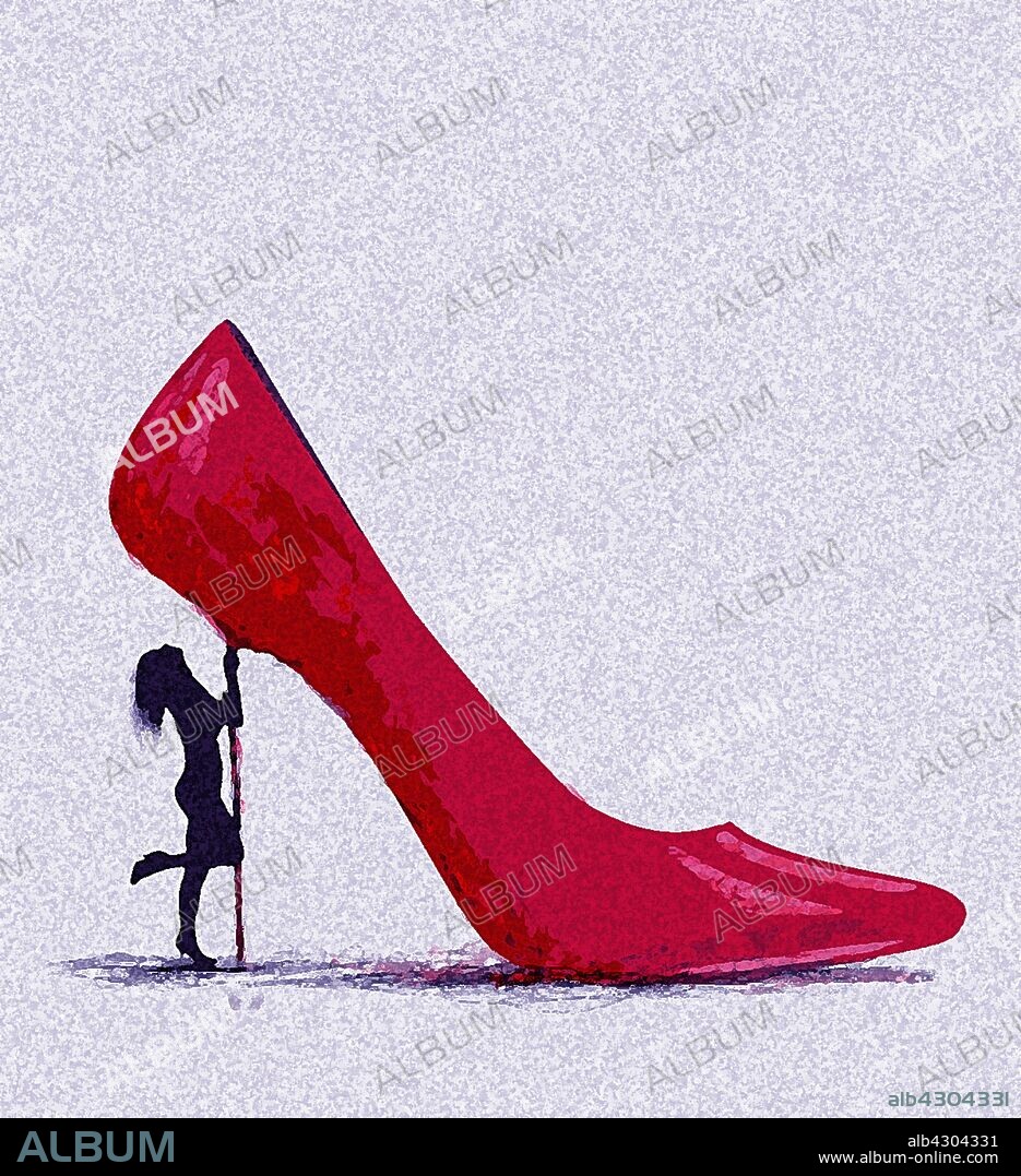 Pole dancer dancing with stiletto of large red high heel shoe.