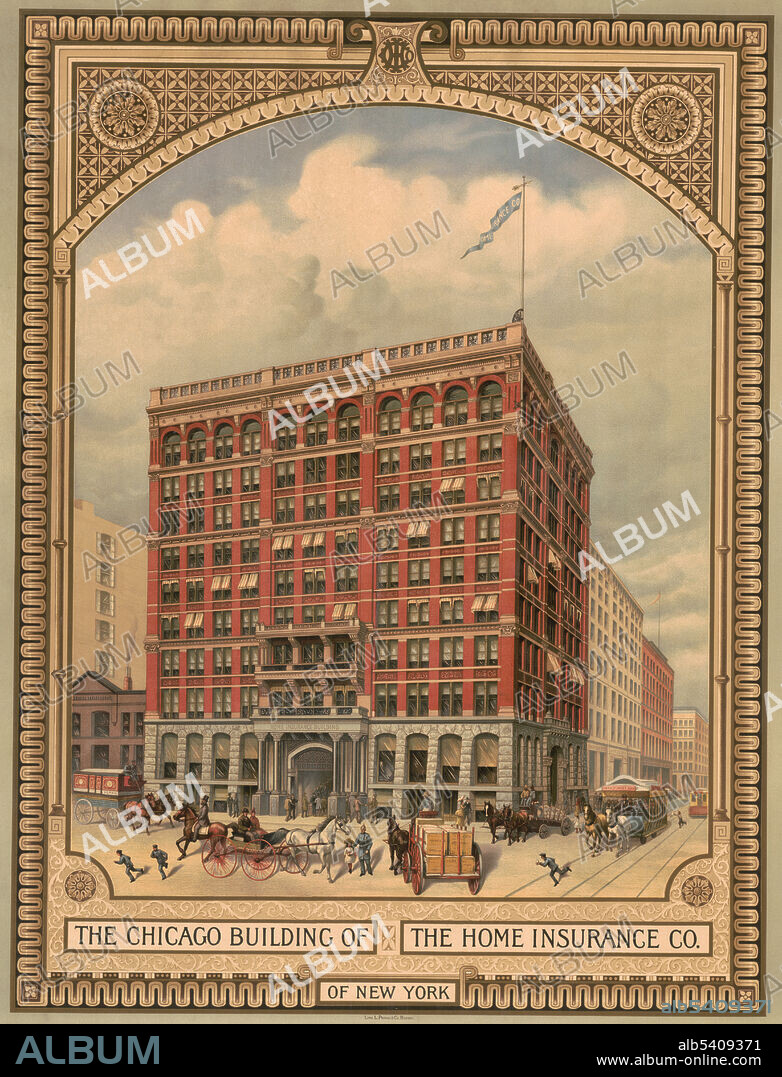 Poster showing "America's first skyscraper," 1885. The Home Insurance Building was a skyscraper in Chicago, United States, designed by William Le Baron Jenney in 1884, for the Home Insurance Company in New York. Completed a year later, the building is generally noted as the first tall building to be supported both inside and outside by a fireproof structural steel and metal frame, which included reinforced concrete. Because of the building's unique architecture and weight-bearing frame, it is considered the one of the world's first skyscrapers. It had 10 stories and rose to a height of 138 ft (42 m). In 1891, two floors were added. The building opened in 1885 and was demolished 47 years later in 1931.