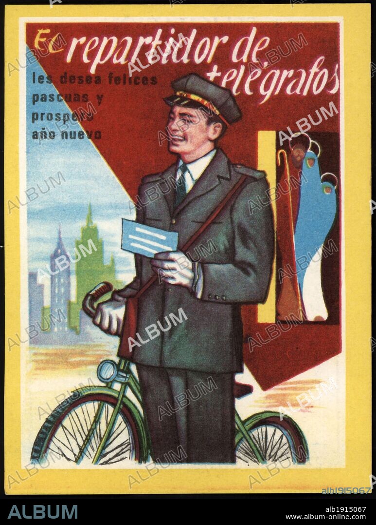 Felicitación de Navidad. El repartidor de telégrafos. Años 1950.