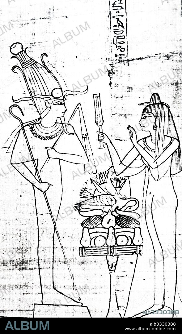 Funerary papyrus of the Princess Nesitanebtashru, depicting her arriving at the secret abode of Osiris to whom she is offering gifts. Dated 10th Century BC.