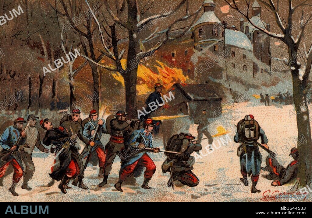 Franco-Prussian War 1870-1871. Battle of Hericourt near Belfort, 16, 17 and 18 January 1871. The French under General Charles Denis Bourbaki (1816-1897) were soundly defeated by the Prussian forces.    French trade card issued c1885. Chromolithograph.  (Photo by: Universal History Archive/UIG via Getty Images).
