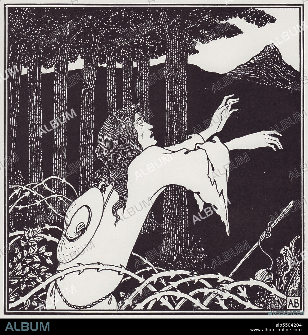 AUBREY BEARDSLEY. The Return of Tannhauser to the Venusberg, 1895. Illustration probably made for "Under the Hill", an unfinished erotic novel by Beardsley based on the legend of Tannhäuser. The first parts were published in "The Savoy", and later issued in book form by Leonard Smithers. The original manuscript was published in 1907, titled "The Story of Venus and Tannhäuser". From "The Best of Beardsley" edited by R. A. Walker, [The Bodley Head, London, 1948].