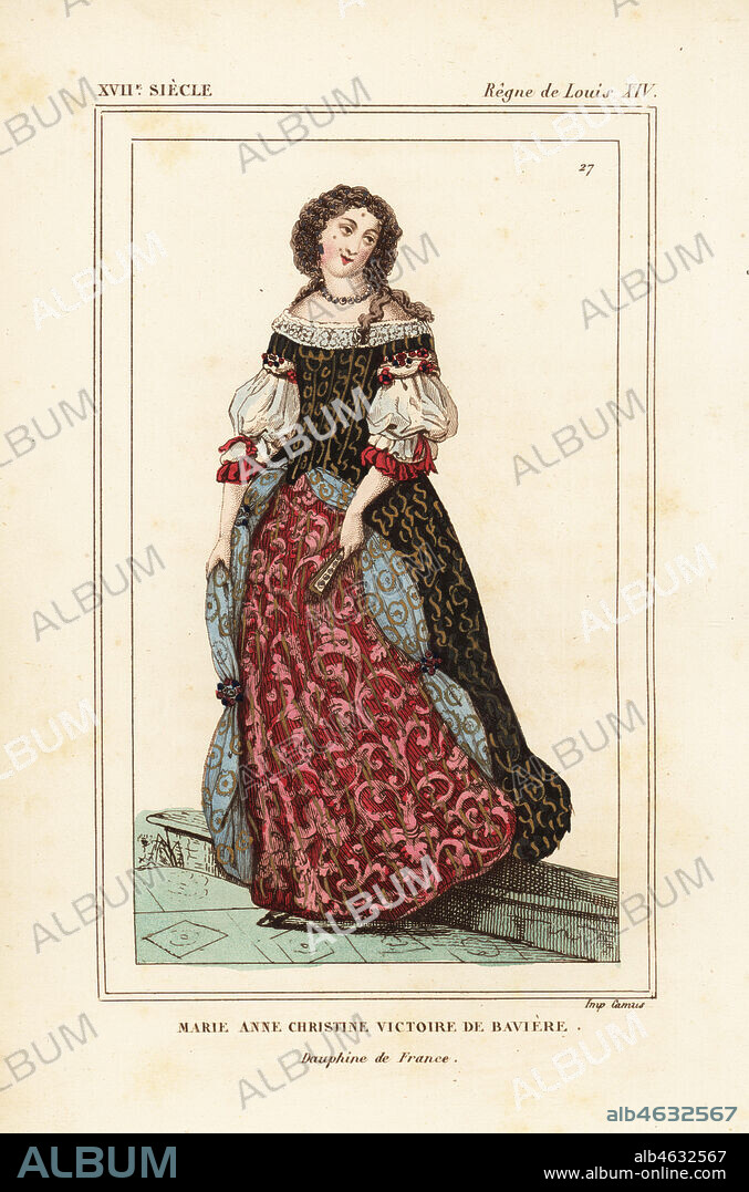 Maria Anna Victoria of Bavaria, wife of Louis of France, le Grand Dauphin 1660-1690. Marie Anne Christine Victoire de Baviere, Dauphine de France. Handcoloured lithograph after a portrait in Roger de Gaignieres' gallery portfolio X 54 from Le Bibliophile Jacob aka Paul Lacroix's Costumes Historiques de la France (Historical Costumes of France), Administration de Librairie, Paris, 1852.