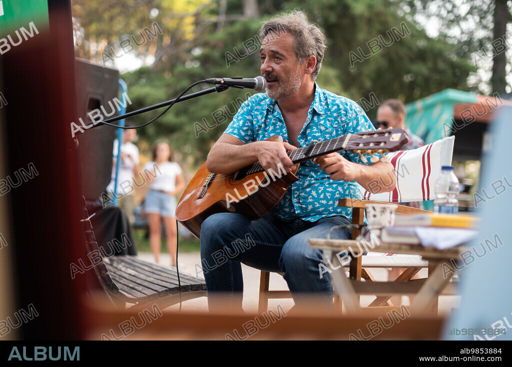 Santi Balmes, Spanish indie-pop musician and writer, front man of the band Love of Lesbian, performs live at El Kiosko de las Letras in Labordeta Park, Zaragoza, Spain .