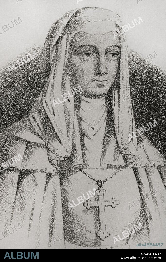 María Alfonso de Meneses (1264-1321). Conocida como María de Molina, señora de Molina, hija del infante Alfonso de Molina. Reina consorte de Castilla entre 1284 y 1295 por su matrimonio con Sancho IV de Castilla. Madre del futuro Fernando IV de Castilla. Litografía. Detalle. Crónica General de España, Historia Ilustrada y Descriptiva de sus Provincias. Castilla-La Vieja,1870. Biblioteca Histórico Militar de Barcelona, Cataluña, España.