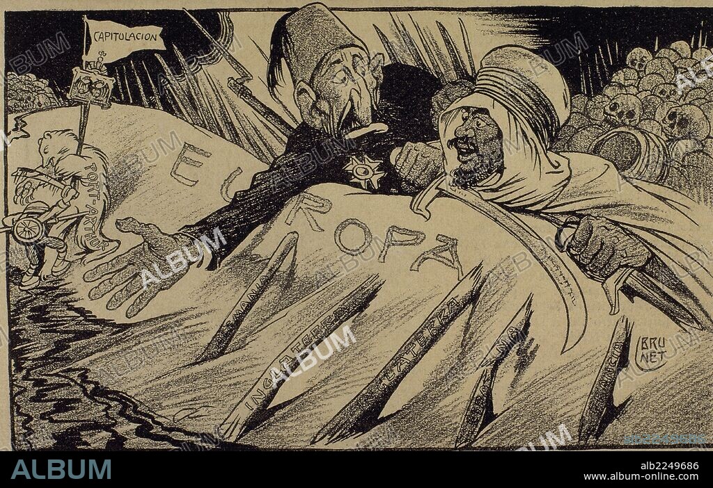 GUERRA RUSO-JAPONESA (1904-1905). Japón entró en guerra con Rusia con la finalidad de asegurarse intereses capitales en Corea y sur de Manchuria. Grabado alegórico sobre el conflicto, realizado en 1905 por L. Brunet.