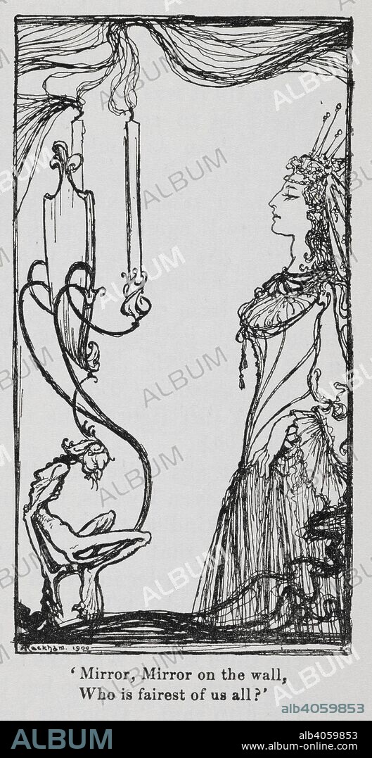 ARTHUR RACKHAM et JACOB Y WILHELM GRIMM. The wicked queen looking at herself in the mirror from Snowdrop (Snow white). Grimm's Fairy Tales. Illustrated by Arthur Rackham. London : William Heinemann, [1925]. 'Mirror, Mirror on the wall, who is fairest of us all?'. Source: 12410.r.7. page 163.