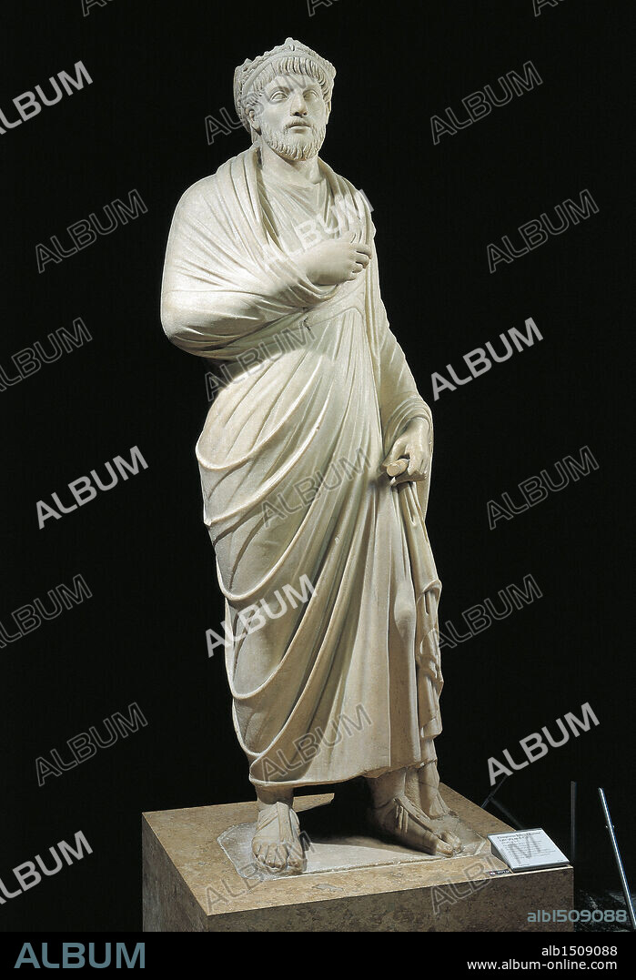 Roman civilization, 4th century. Marble statue of emperor Julian the Apostate wearing Greek philosopher toga and pagan priest crown.