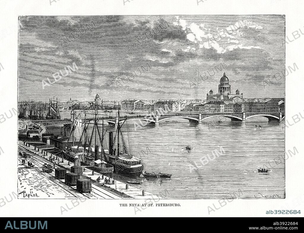 The River Neva, St Petersburg, 1879. View of ships at the river port of St Petersburg.