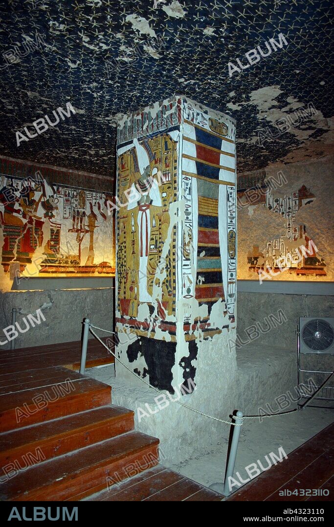 The Djed pillar a symbol in Ancient Egypt, representing stability. It is associated with the creator god Ptah and Osiris. Wall painting in the Egyptian god of the afterlife, the underworld, and the dead Wall Painting Inside the tomb (QV66) of Nefertari, in Egypt's Valley of the Queens. It was discovered by Ernesto Schiaparelli in 1904. It is called the Sistine Chapel of Ancient Egypt. In the Valley of the Queens, Nefertari's tomb once held the mummified body and representative symbolisms of her, like what most Egyptian tombs consisted of. Now, everything had been looted except for two thirds of the 5,200 square feet of wall paintings. ca. 1255 BC.