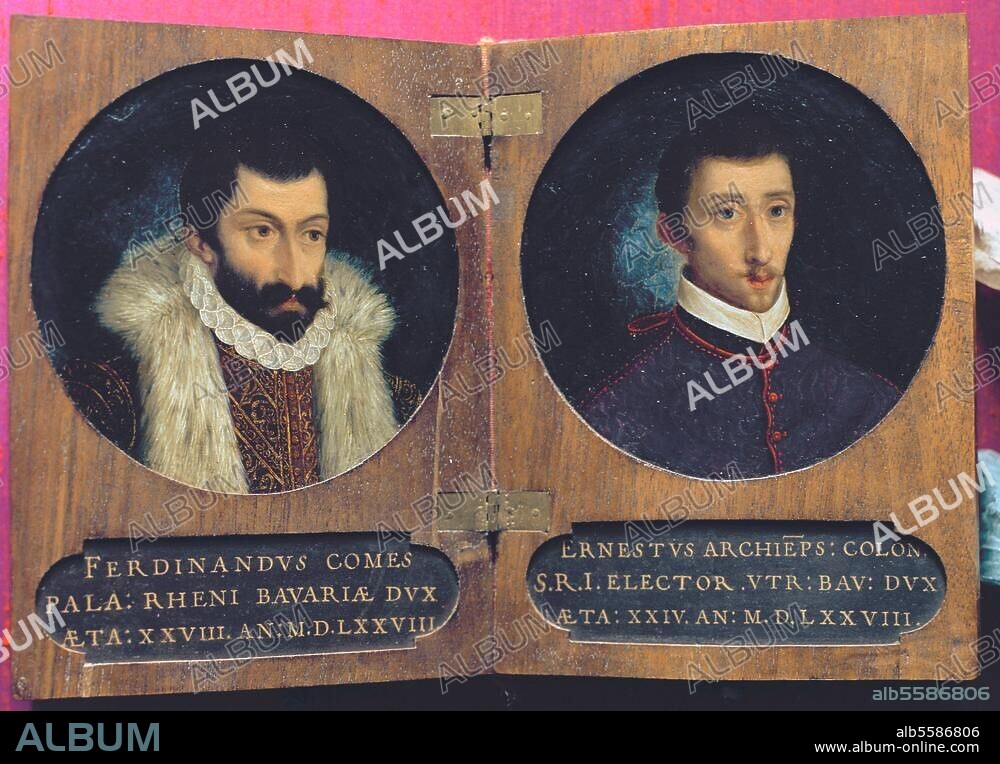 zu: Ernst, Herzog von Bayern, Kurfürst von Köln (1583-1612); 1554-1612. Links: Herzog Ferdinand (1550-1608), rechts: Ernst. Miniaturen, München, 1578. Öl auf Kupfer, Durchmesser ca. 11 cm. Aus einem Album mit Bildnissen der Familie Herzog Albrechts von Bayern. München, Bayerisches Nationalmuseum.