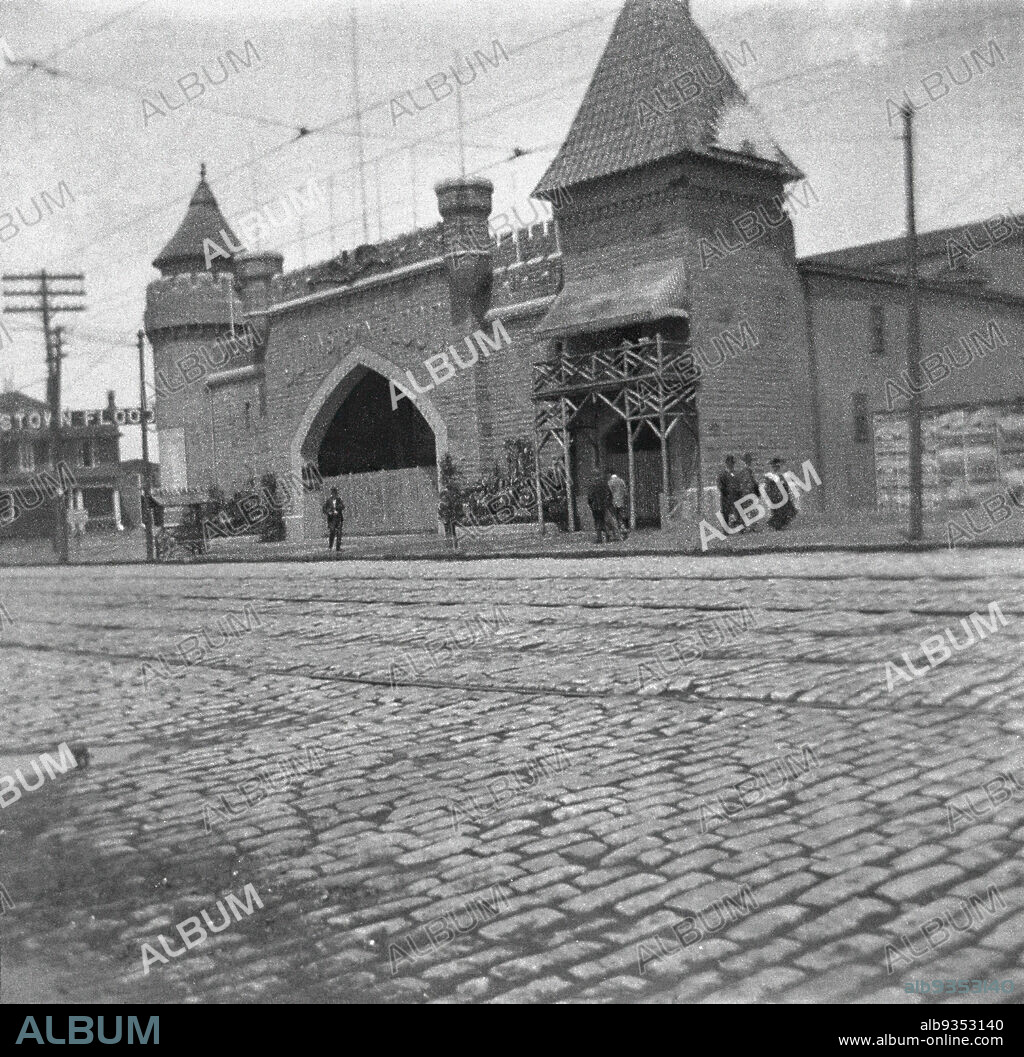 Johnstown Flood, Coney Island, H.S. Lewis, negative, 1902, 1900s, amusement park, attraction, Brooklyn, cobble stone, early 20th Century, historic Brooklyn, New York, old Brooklyn, reenactment, street, street scene, Surf Avenue, The Deluge.