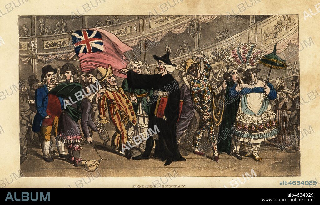 Doctor Syntax at a masquerade at the Kings Theatre, Haymarket. He in fancy dress as a conjuror with cape and wand, his wife in a hooped skirt, veil, parasol and feathers. Others dressed as a Turk in turban, harlequin in blackface, clown, devil, etc. Handcoloured copperplate engraving after an illustration by Isaac Robert Cruikshank from The Tour of Doctor Syntax through London, in the Pleasures and Miseries of the Metropolis, J. Johnson, London, 1820.