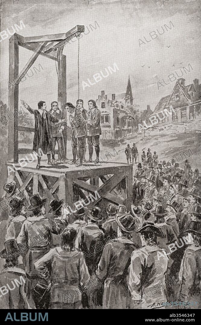 The first execution in New England, North America of John Billington in 1630, hanged for the murder of John Newcomen, fellow passenger on the Mayflower. John Billington, also spelled Billinton, c. 1580 – 1630. Englishman who travelled to the New World on the Mayflower and was one of the signers of the Mayflower Compact. From The History of Our Country, published 1899.